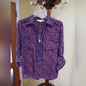 Michael Kors Floral Zip Front Blouse Size Small Navy Red White